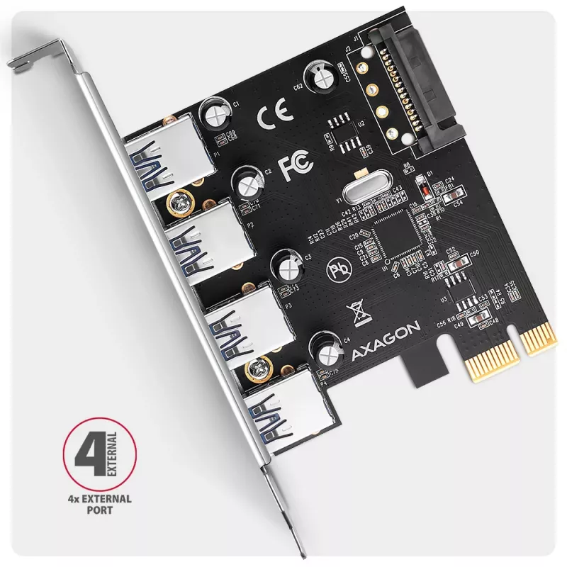 Axagon PCEU-430RS PCIe 2.0 x1 -ohjainkortti, 4x ulkoinen USB-A 5 Gbps (USB 3.2 Gen 1), Renesas PD720201, UASP, SATA 15-pin virtaliitäntä