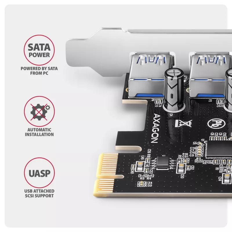 Axagon PCEU-430RS PCIe 2.0 x1 -ohjainkortti, 4x ulkoinen USB-A 5 Gbps (USB 3.2 Gen 1), Renesas PD720201, UASP, SATA 15-pin virtaliitäntä