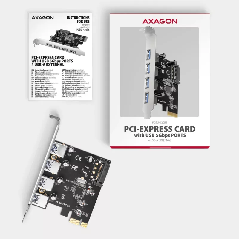 Axagon PCEU-430RS PCIe 2.0 x1 -ohjainkortti, 4x ulkoinen USB-A 5 Gbps (USB 3.2 Gen 1), Renesas PD720201, UASP, SATA 15-pin virtaliitäntä