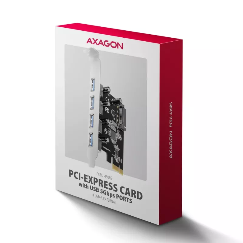 Axagon PCEU-430RS PCIe 2.0 x1 -ohjainkortti, 4x ulkoinen USB-A 5 Gbps (USB 3.2 Gen 1), Renesas PD720201, UASP, SATA 15-pin virtaliitäntä