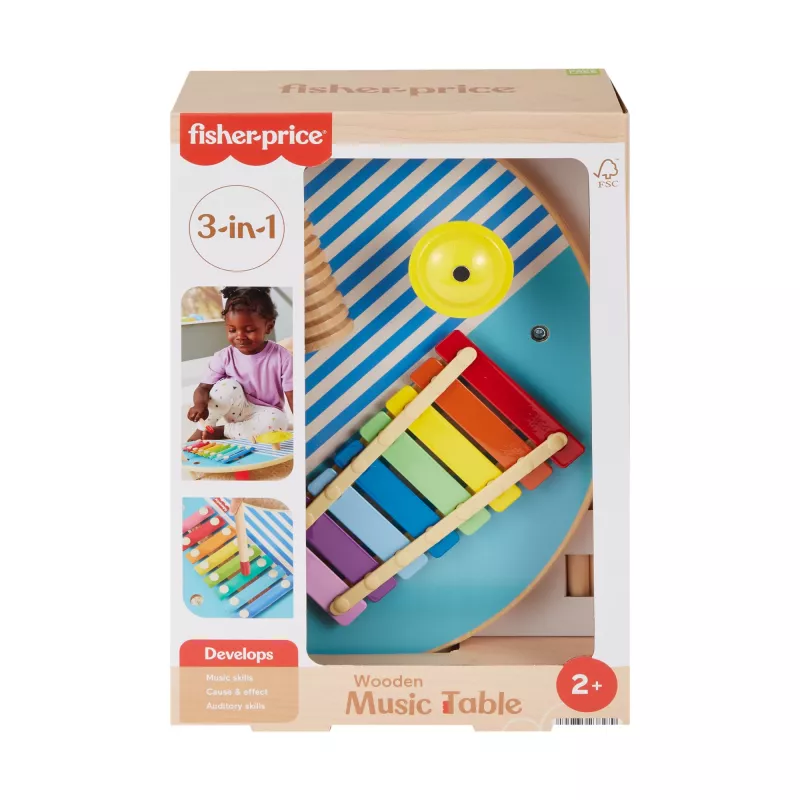 Fisher-Price puinen musiikkipöytä lyömäsoittimilla, 3 puuosaa