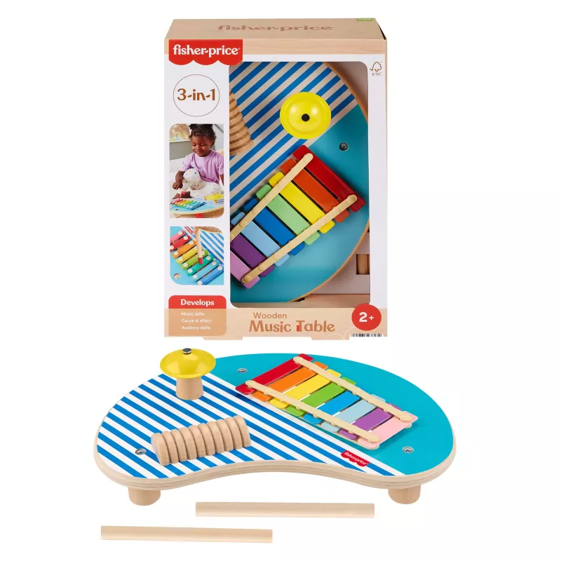Fisher-Price puinen musiikkipöytä lyömäsoittimilla, 3 puuosaa