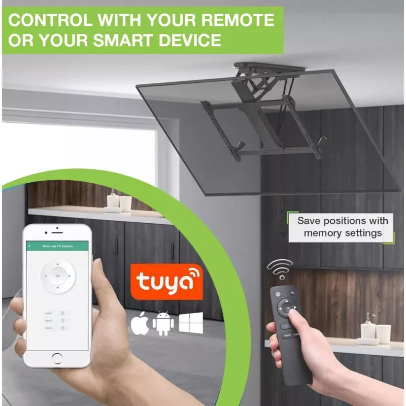 Techly moottoroitu kääntyvä katto-TV-teline Smart Home -integraatio televisioille 32–70