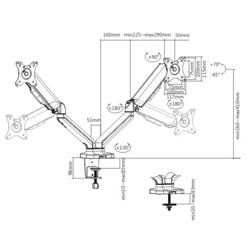 Techly ICA-LCD 462B pöytäteline näytölle, kaasujousi, 17–32 tuumaa (43,2–81,3 cm), 9 kg, VESA 75x75/100x100, musta