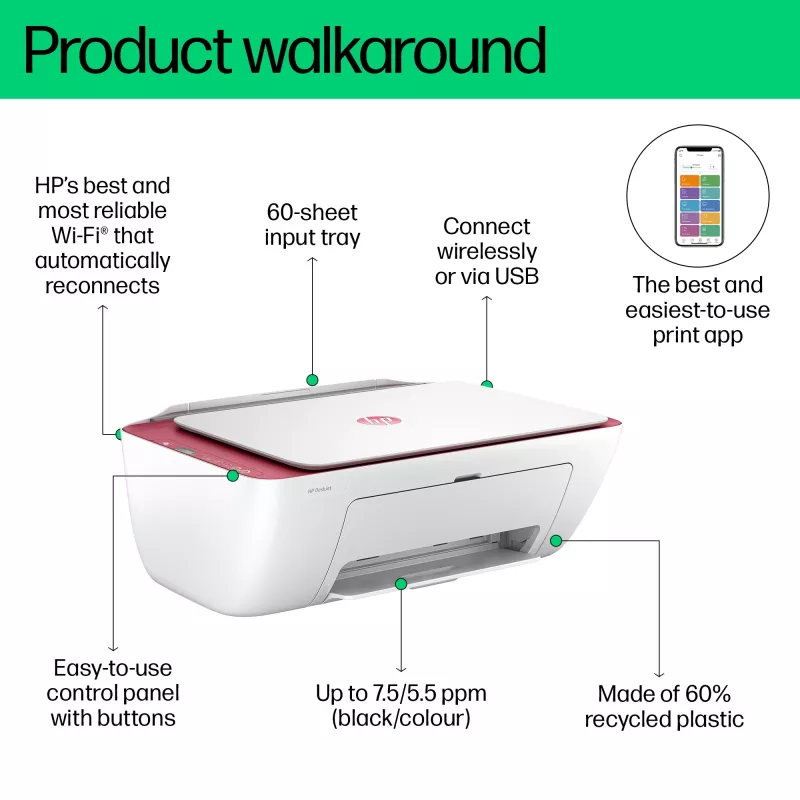 HP DeskJet 2823e langaton 3-in-1-väritulostin, kopiokone, skanneri