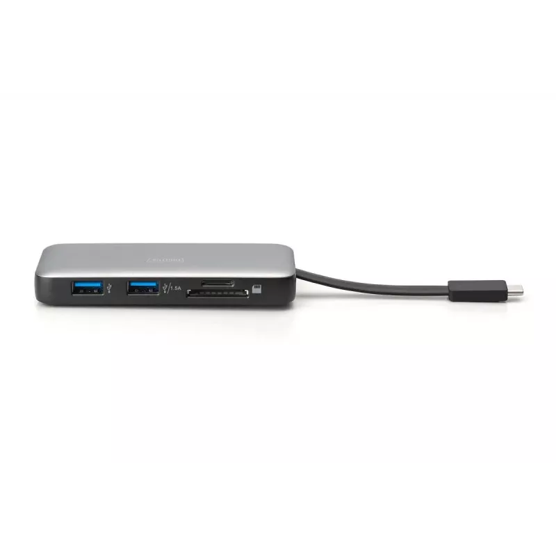 DIGITUS USB-C-matkatelakointiasema, 7-porttinen - HDMI / 2x USB-A 3.2 Gen 1 / GbE / SD / MicroSD - 100W USB-C Power Delivery