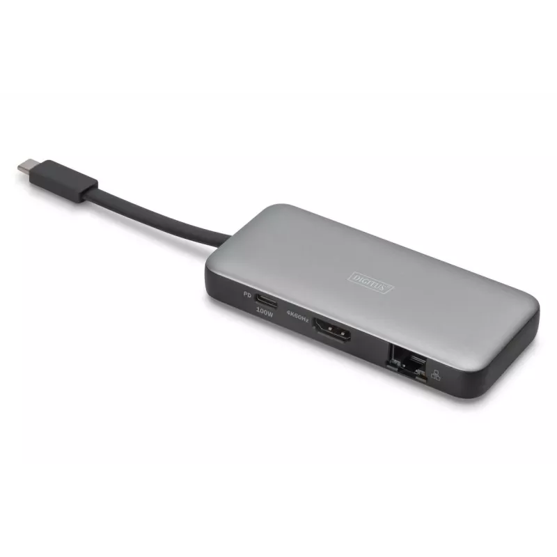 DIGITUS USB-C-matkatelakointiasema, 7-porttinen - HDMI / 2x USB-A 3.2 Gen 1 / GbE / SD / MicroSD - 100W USB-C Power Delivery
