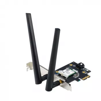 Sisäinen WLAN Bluetooth -sovitin ASUS PCE-BE6500 — PCIe, Tri-Band Wi‑Fi 6E/7 (2,4/5/6 GHz), Bluetooth 5.4, 2882 Mbps, ulkoinen antenni, musta