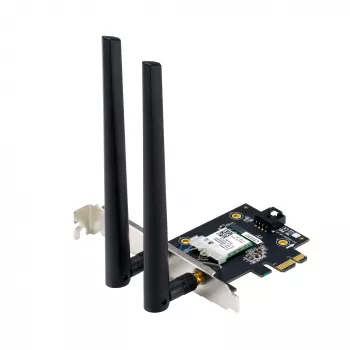 Sisäinen WLAN Bluetooth -sovitin ASUS PCE-BE6500 — PCIe, Tri-Band Wi‑Fi 6E/7 (2,4/5/6 GHz), Bluetooth 5.4, 2882 Mbps, ulkoinen antenni, musta