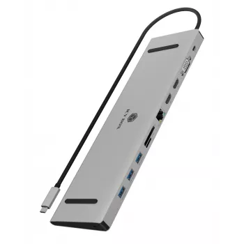 ICY BOX 11-in-1 USB Type-C, johdollinen, USB 3.2 Gen 1 (3.1 Gen 1) Type-C, 100 W, 3,5 mm, 10,100,1000 Mbit/s, antrasiitti, musta