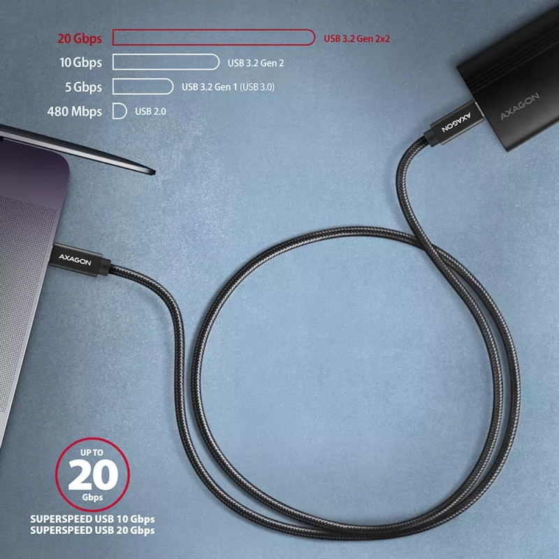 Axagon BUCM32-CM05AB SPEED+ USB-C <> USB 20Gbps/100W kaapeli 0,5 m