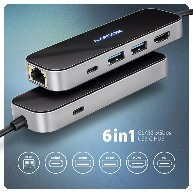 Axagon HMC-6GLN USB 5Gbps keskitin, 2x USB-A, USB-C, HDMI 4k/60Hz, RJ-45, PD 100W, USB-C-kaapeli