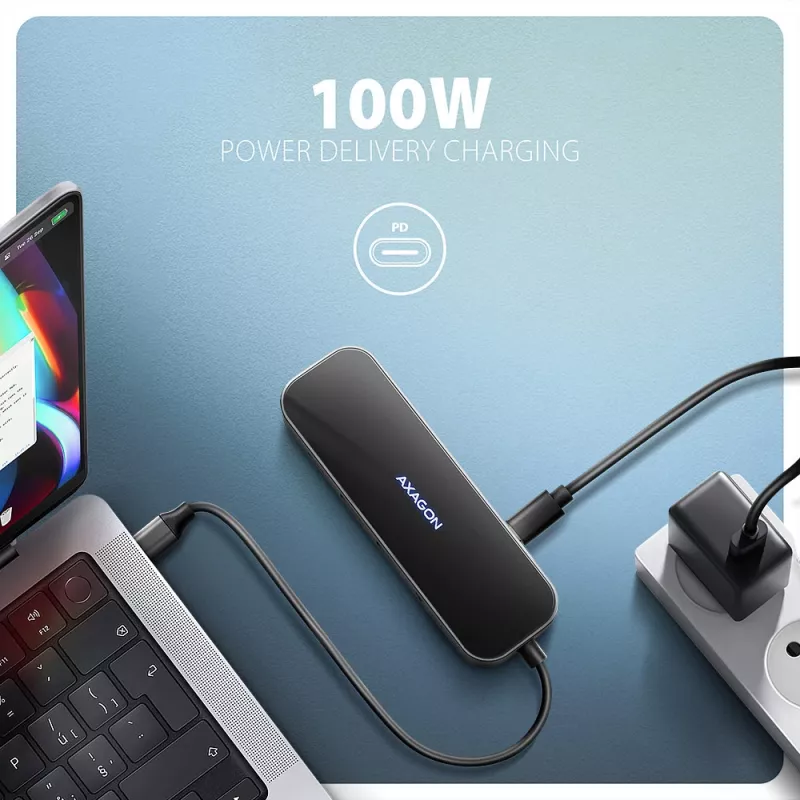 Axagon HMC-6GLN USB 5Gbps keskitin, 2x USB-A, USB-C, HDMI 4k/60Hz, RJ-45, PD 100W, USB-C-kaapeli