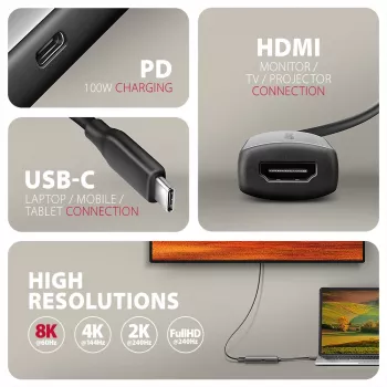 Axagon RVC-HI8KPD, USB-C -> HDMI 2.1 -adapteri, 8K/60Hz, 4K/144Hz, HDR10+, PD100W