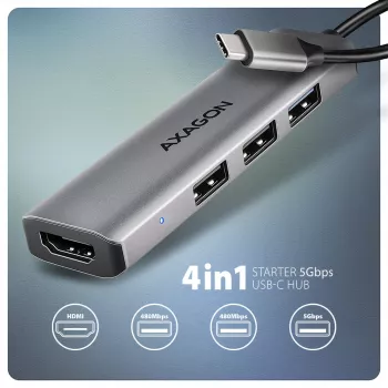Axagon HMC-H3A USB 5Gbps -keskitin, 3x USB-A, HDMI 4k/30Hz, 15 cm USB-C-kaapeli