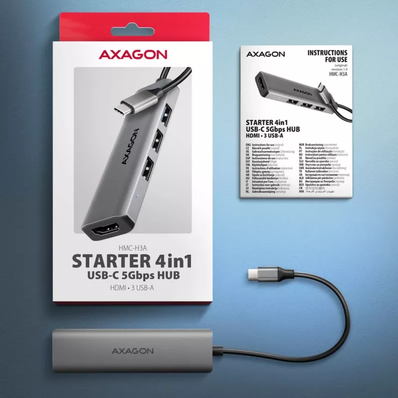 Axagon HMC-H3A USB 5Gbps -keskitin, 3x USB-A, HDMI 4k/30Hz, 15 cm USB-C-kaapeli