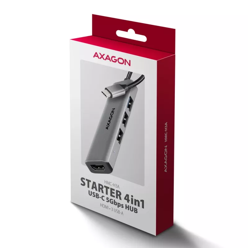 Axagon HMC-H3A USB 5Gbps -keskitin, 3x USB-A, HDMI 4k/30Hz, 15 cm USB-C-kaapeli