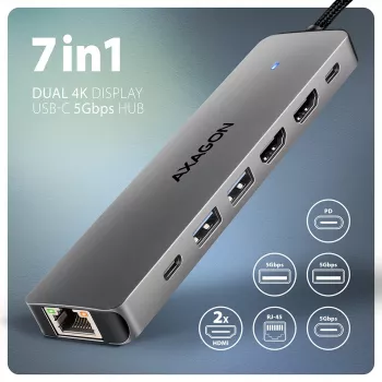 Axagon HMC-7HX2 USB 5Gbps -keskitin, 2x USB-A, USB-C, 2x HDMI 4K/60Hz, RJ-45, PD 100W