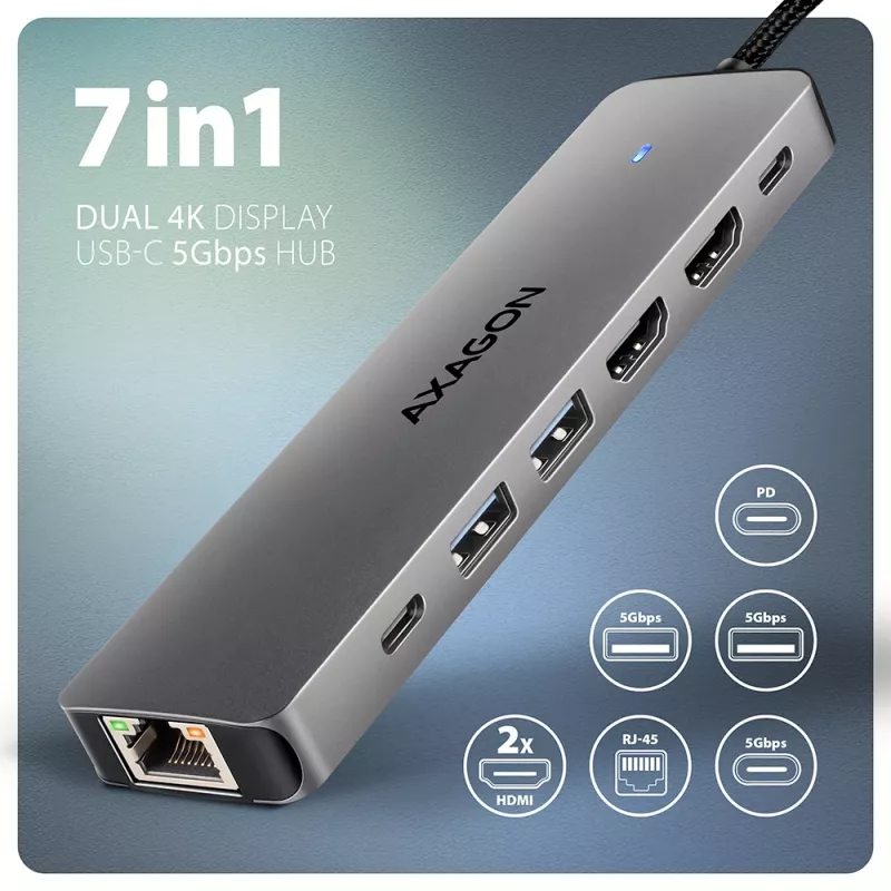 Axagon HMC-7HX2 USB 5Gbps -keskitin, 2x USB-A, USB-C, 2x HDMI 4K/60Hz, RJ-45, PD 100W