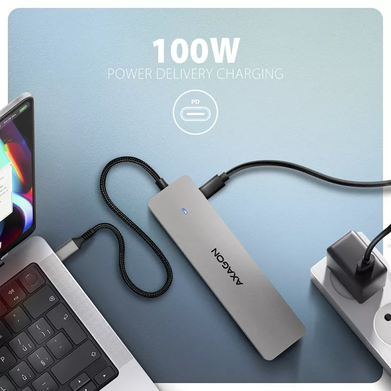 Axagon HMC-7HX2 USB 5Gbps -keskitin, 2x USB-A, USB-C, 2x HDMI 4K/60Hz, RJ-45, PD 100W