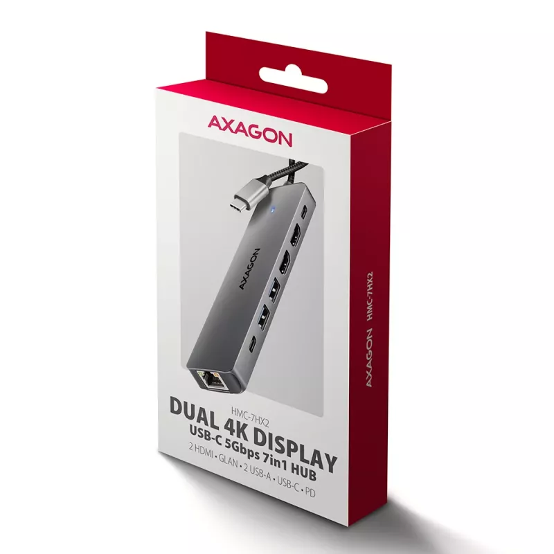 Axagon HMC-7HX2 USB 5Gbps -keskitin, 2x USB-A, USB-C, 2x HDMI 4K/60Hz, RJ-45, PD 100W
