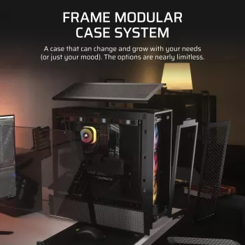 PC-kotelo CORSAIR FRAME 4000D RS ARGB Midi Tower musta — ATX/Micro-ATX/Mini-ITX, karkaistu lasi, ARGB-tuuletin, enintään 370 mm GPU