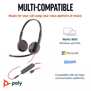 HP Poly Blackwire 3225 stereo-USB-C-kuulokkeet +3,5 mm liitin +USB-C/A-sovitin (Bulk)