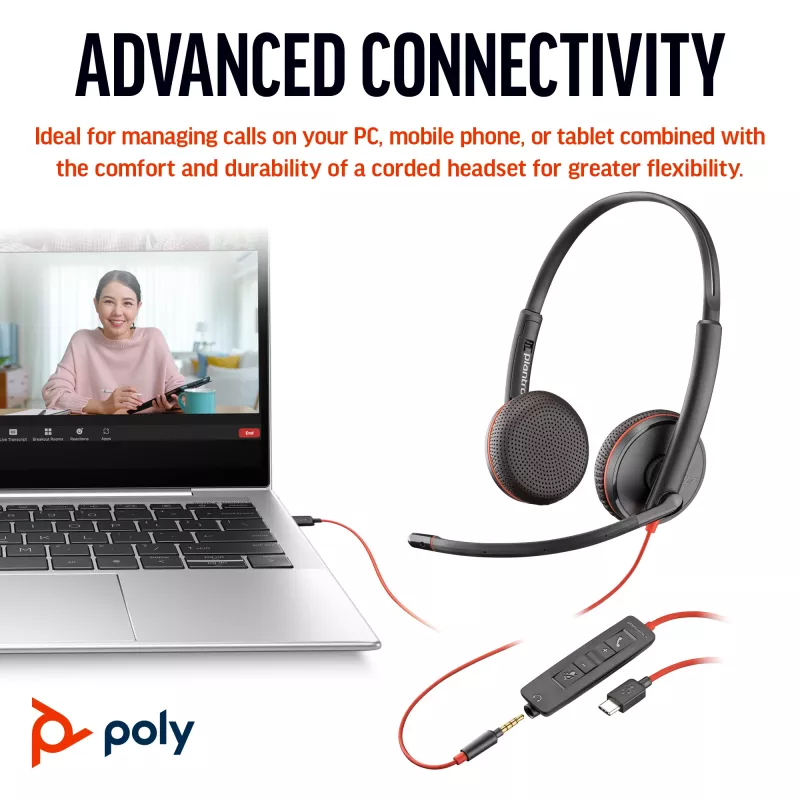 HP Poly Blackwire 3225 stereo-USB-C-kuulokkeet +3,5 mm liitin +USB-C/A-sovitin (Bulk)