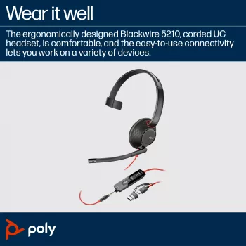 HP Poly Blackwire 5210 monauralinen USB-C-kuulokemikrofoni + 3,5 mm pistoke + USB-C/A-sovitin
