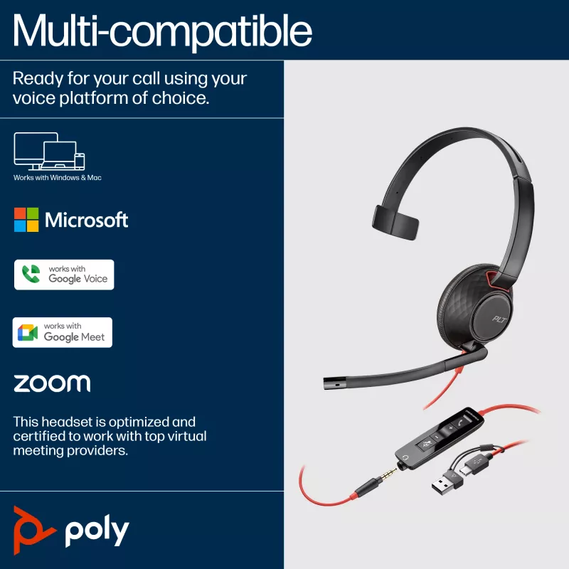 HP Poly Blackwire 5210 monauralinen USB-C-kuulokemikrofoni + 3,5 mm pistoke + USB-C/A-sovitin