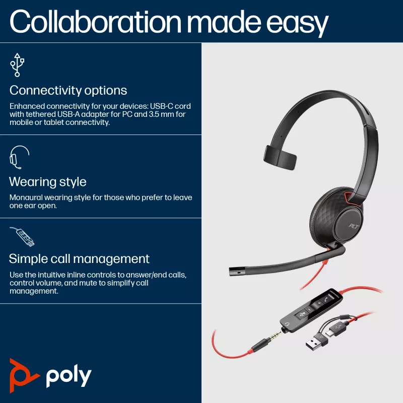 HP Poly Blackwire 5210 monauralinen USB-C-kuulokemikrofoni + 3,5 mm pistoke + USB-C/A-sovitin