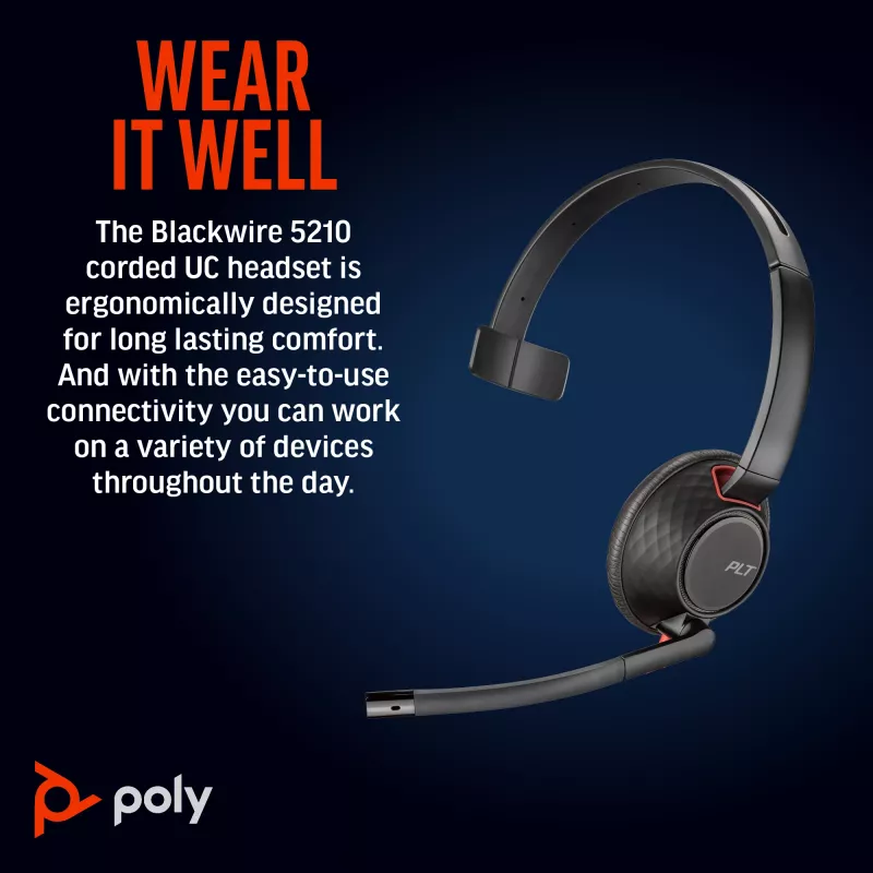 HP Poly Blackwire 5210 monauralinen USB-C-kuulokemikrofoni + 3,5 mm pistoke + USB-C/A-sovitin
