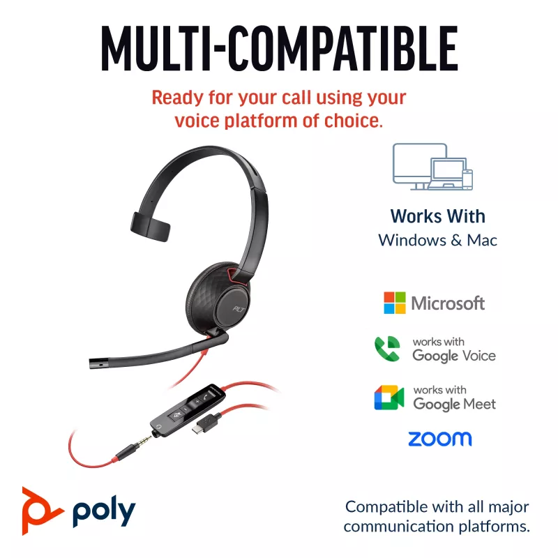 HP Poly Blackwire 5210 monauralinen USB-C-kuulokemikrofoni + 3,5 mm pistoke + USB-C/A-sovitin