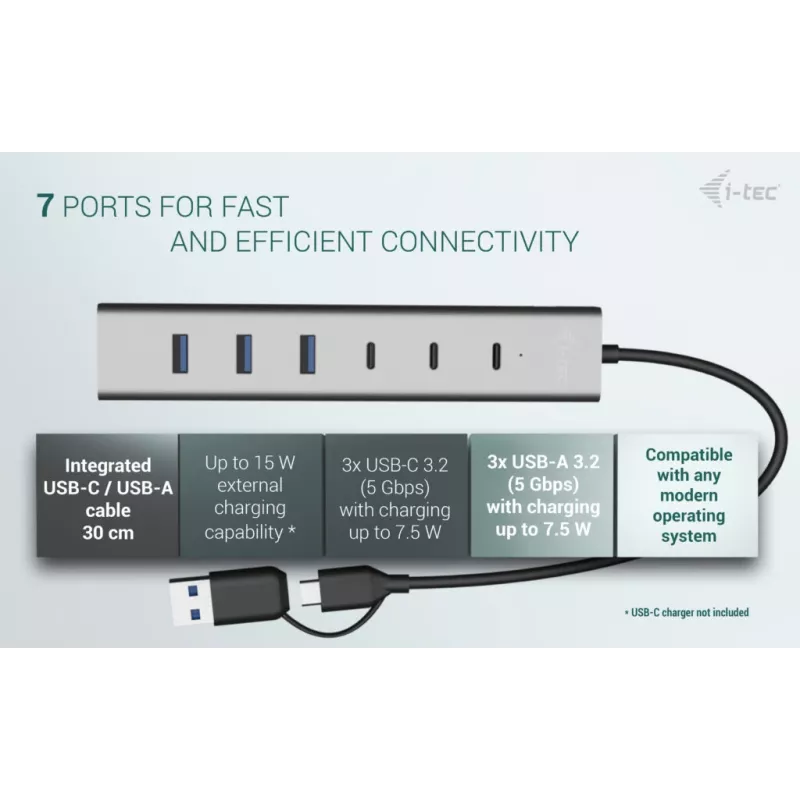 i-tec USB-C/USB-A-latausmetalli-HUB 7 porttia (3x USB-C, 4x USB-A)