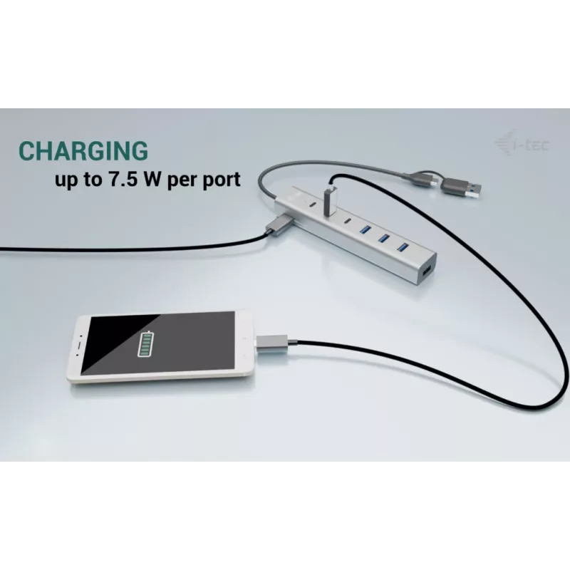 i-tec USB-C/USB-A-latausmetalli-HUB 7 porttia (3x USB-C, 4x USB-A)