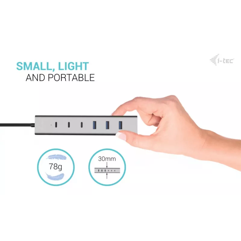 i-tec USB-C/USB-A-latausmetalli-HUB 7 porttia (3x USB-C, 4x USB-A)