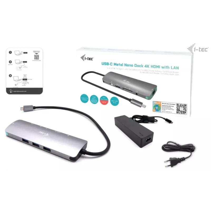 i-tec USB-C Metal Nano -telakointiasema 4K HDMI LAN Power Delivery 100 W + yleislaturi 100 W