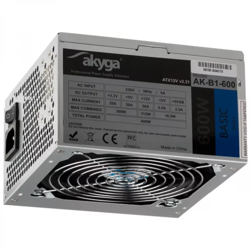Akyga Basic AK-B1-600 ATX-virtalähde 600 W, 120 mm:n tuuletin, passiivinen PFC, harmaa