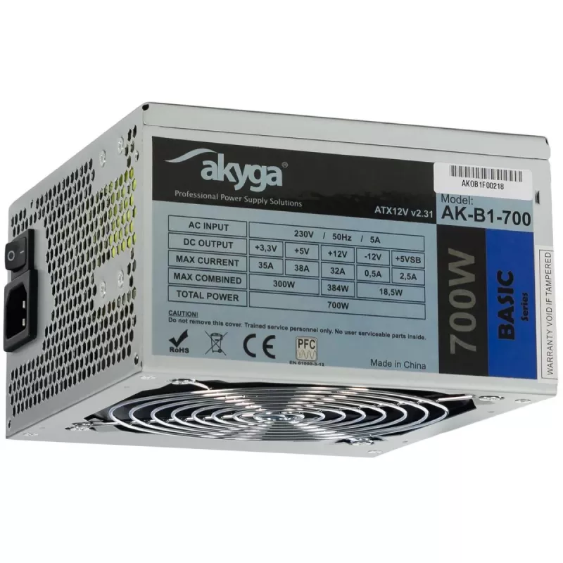 Akyga AK-B1-700 Basic 700 W ATX-virtalähde, passiivinen PFC, 120 mm:n tuuletin, harmaa