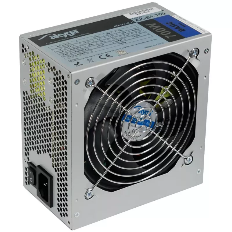 Akyga AK-B1-700 Basic 700 W ATX-virtalähde, passiivinen PFC, 120 mm:n tuuletin, harmaa