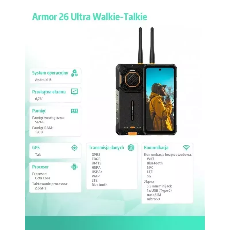 Ulefone Armor 26 Ultra 5G älypuhelin, radiopuhelin, 12GB RAM, 512GB, IP69K, musta (ilman laturia)