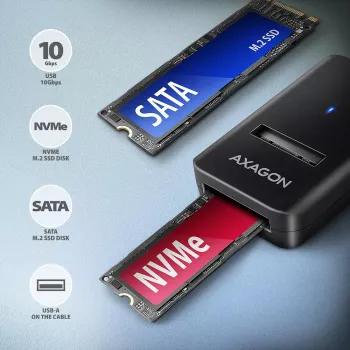 SSD-kotelo AXAGON ADM2-AM USB-A 10 Gbit/s yksittäiselle M.2 NVMe/SATA-asemalle, USB 3.2 Gen 2, 10 cm kaapeli, musta