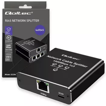 Ethernet-jakaja QOLTEC 52294 1x3 RJ45 USB-C-virtatulolla