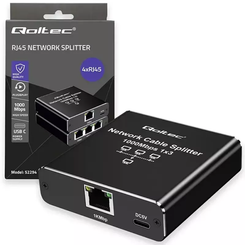 Ethernet-jakaja QOLTEC 52294 1x3 RJ45 USB-C-virtatulolla