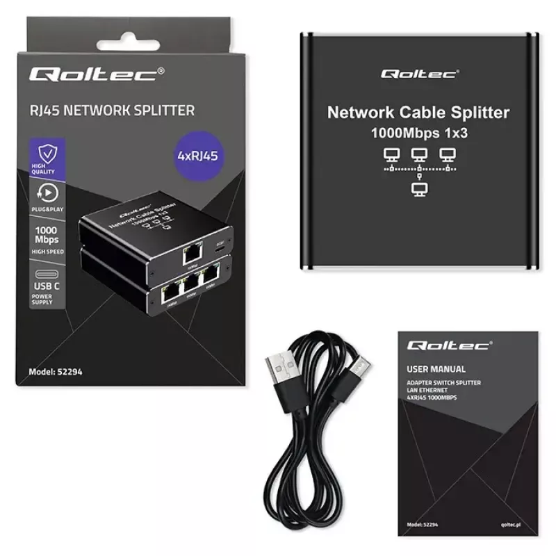 Ethernet-jakaja QOLTEC 52294 1x3 RJ45 USB-C-virtatulolla