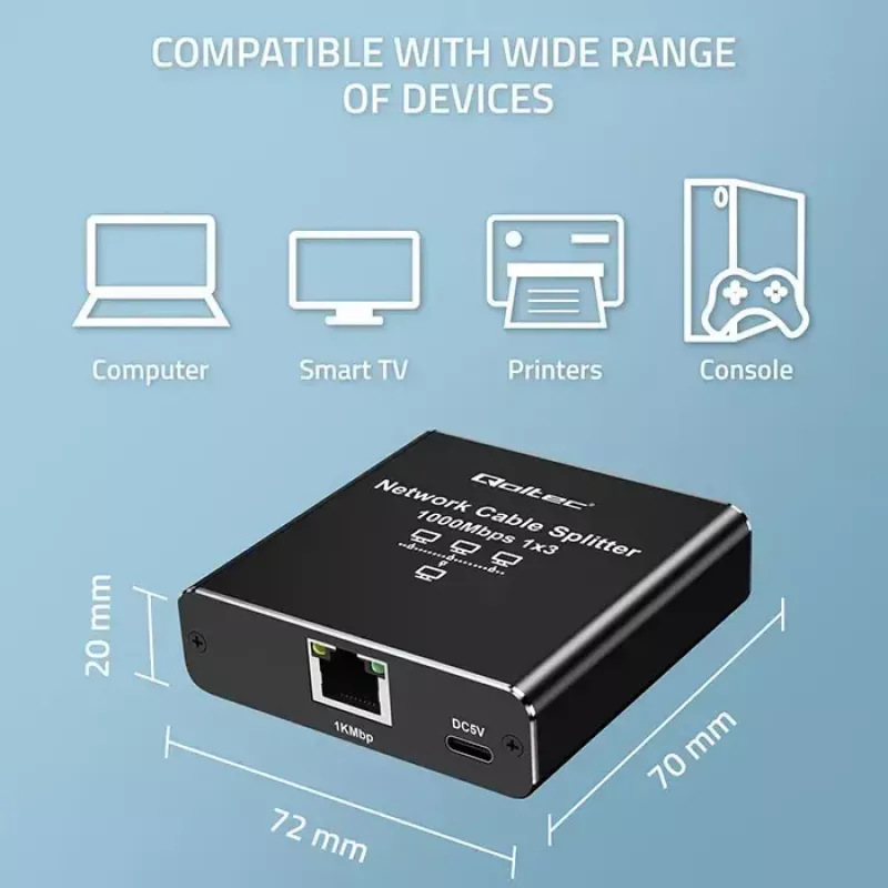 Ethernet-jakaja QOLTEC 52294 1x3 RJ45 USB-C-virtatulolla