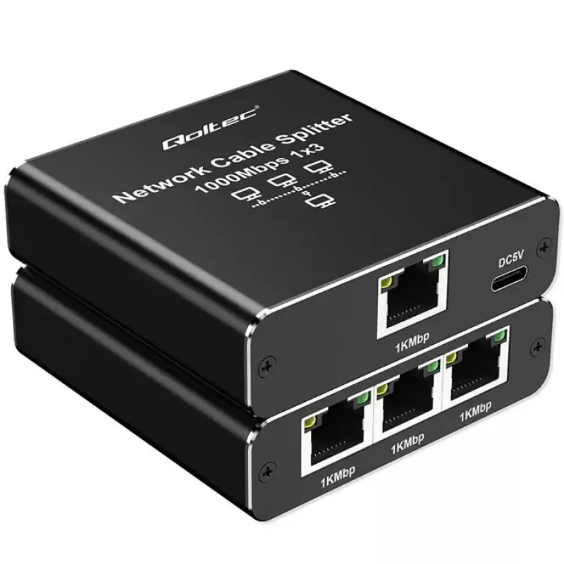 Ethernet-jakaja QOLTEC 52294 1x3 RJ45 USB-C-virtatulolla