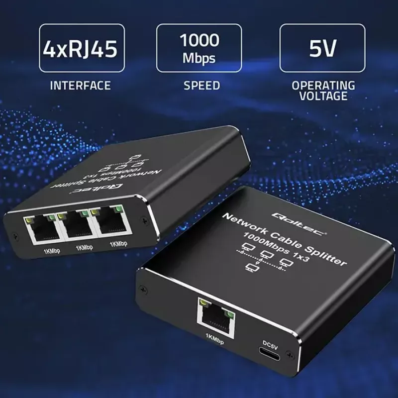 Ethernet-jakaja QOLTEC 52294 1x3 RJ45 USB-C-virtatulolla