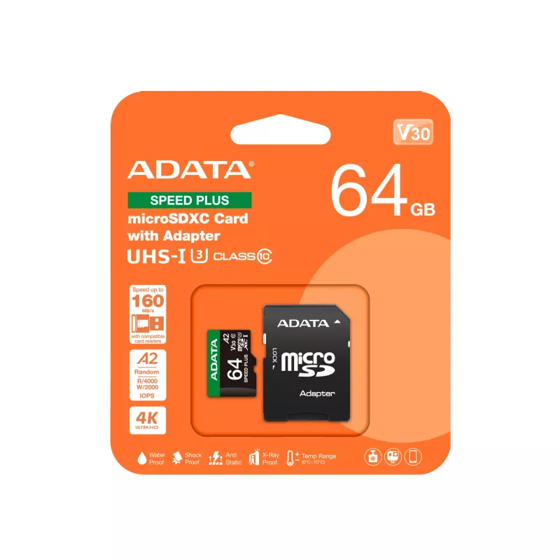 MicroSDXC-kortti ADATA Speed Plus 64 GB UHS Class 3 malli UD64GUI3V30A2SP-RA1