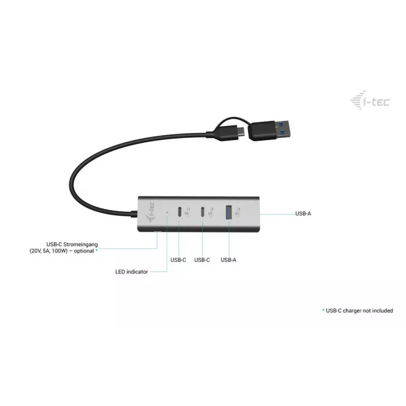 i-tec Metal Universal Charging HUB 2xUSB-C + 2x USB-A portti + Power Delivery 85W